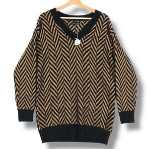 Love Token Womens Chevron Sweater M Fuzzy V-Neck Herringbone Camel‎ Black Cozy